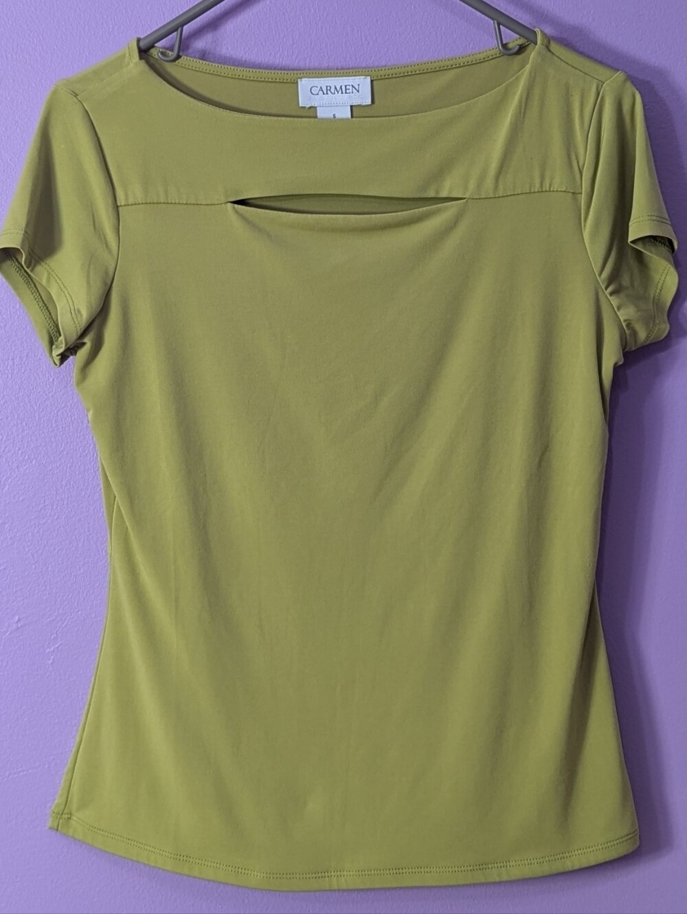 Carmen Marc Valvo Womens Small Top Green Short Sleeve Cutout Boat Neck
